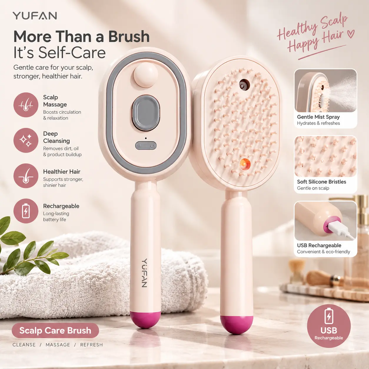 Electric Scalp Massager Brush with Mist Spray – Rechargeable Hair & Scalp Brush