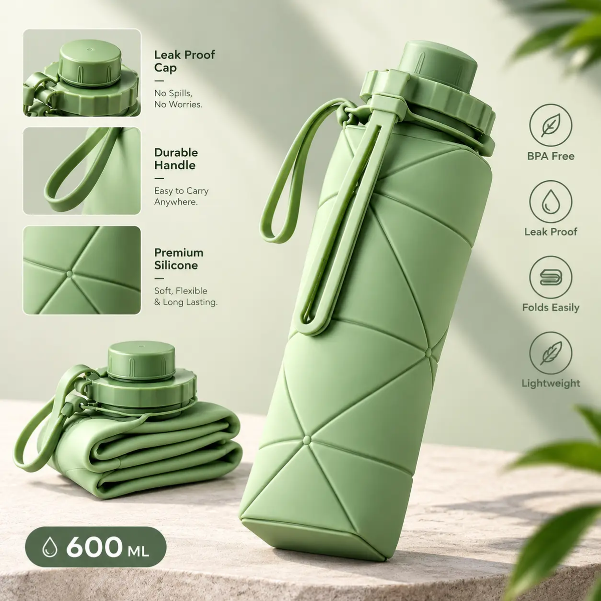 Foldable Silicone Water Bottle 600ML – Portable & Reusable Water Bottle
