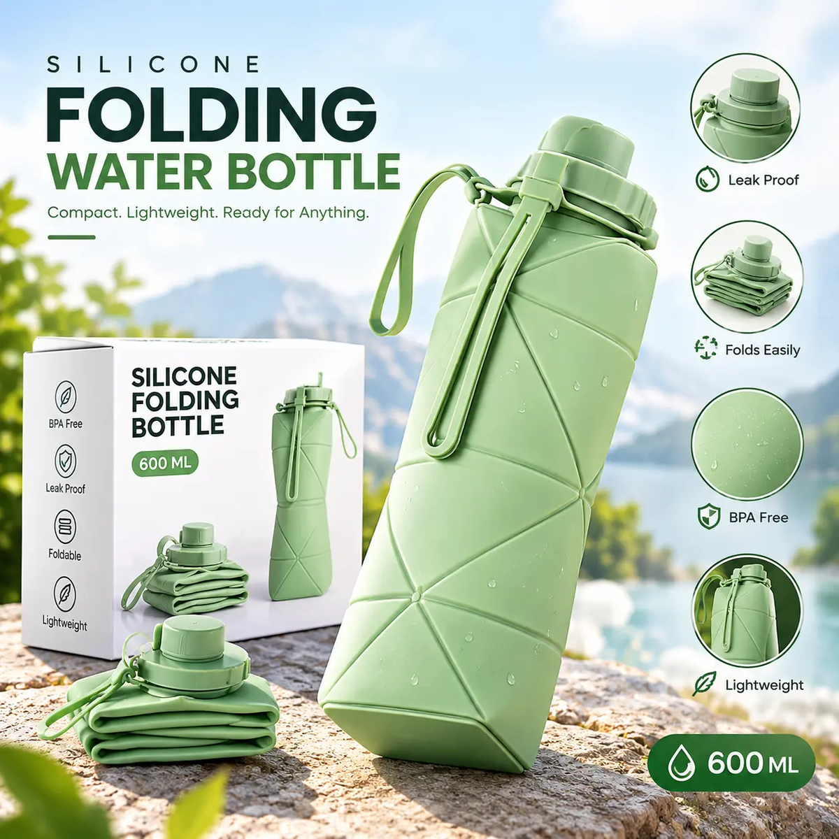 Foldable Silicone Water Bottle 600ML – Portable & Reusable Water Bottle